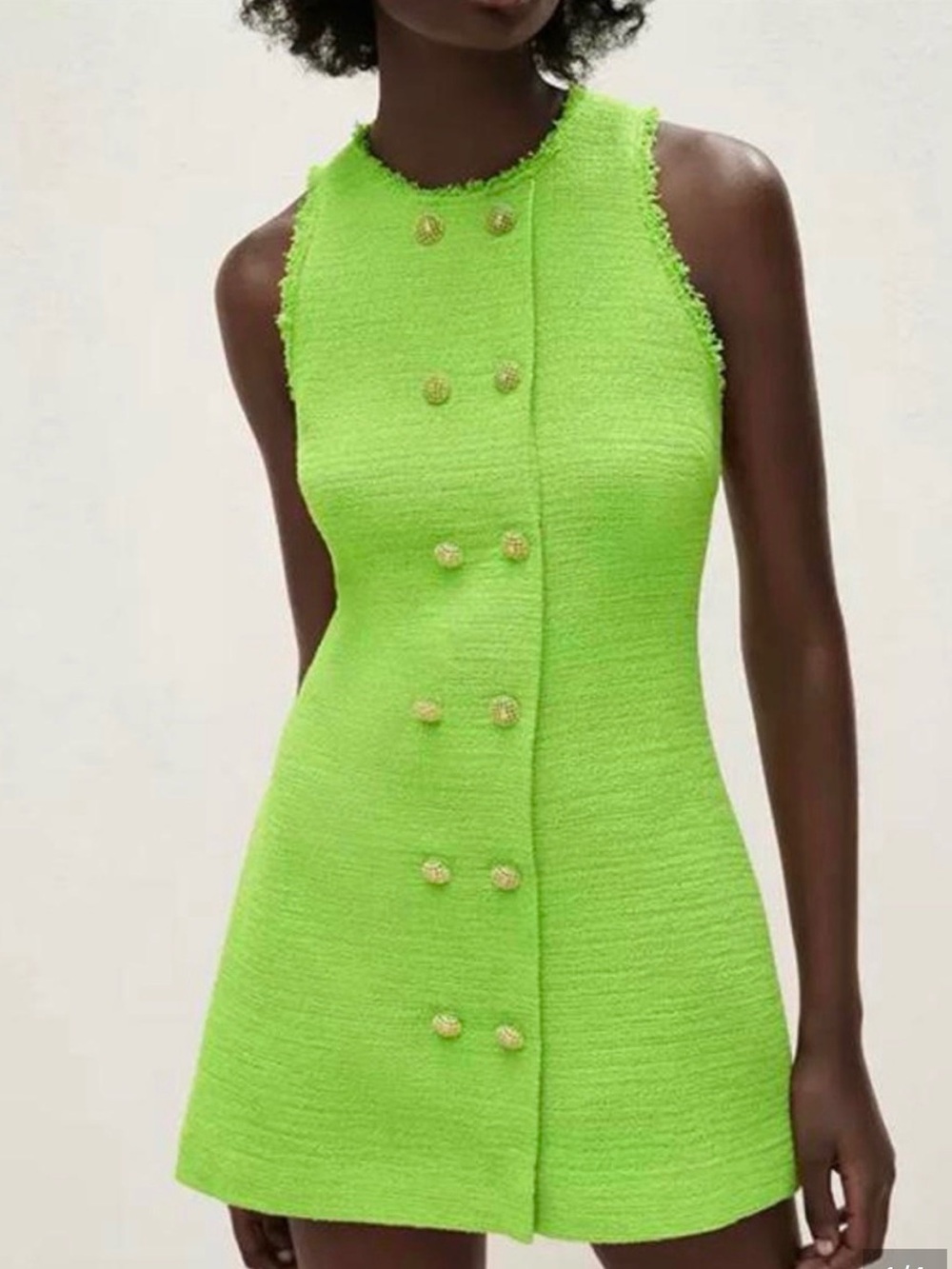 Zara Neon Lime Sleeveless Shift Dress with Gold Buttons